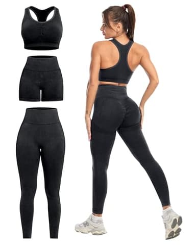 SALSPOR 3 Piece Workout Sets for Women Butt Lifting Leggings with High Impact Sports Bra Gym Shorts Activewear Matching Set(3DWX-Washed Black-XL) - Image 1