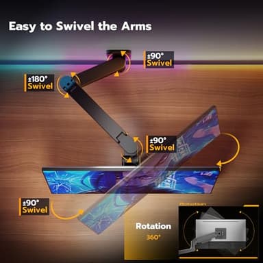 ARES WING Wall Mount Monitor Arm for 17-49 Inch Ultrawide Screens, Heavy Duty Single Monitor Mount Holds 44 lbs, Fully Adjustable Gas Spring Wall Mount, 75x75/100x100 VESA Mount, Black - Image 5