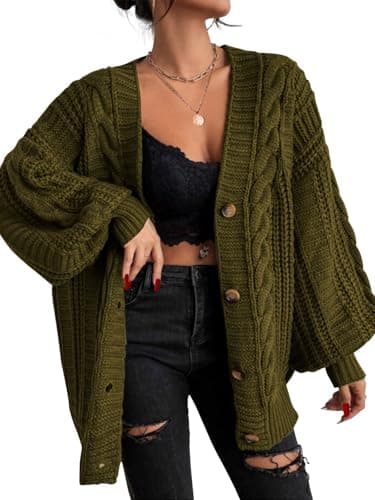 EXLURA Womens 2025 Oversized Cardigan Sweaters Fall Winter Lightweight Soft Knit Cardigan Open Front Button Outwear Coats Army Green - Image 1