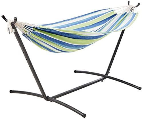 Amazon Basics Double Hammock with 9-Foot Space Saving Steel Stand and Carrying Case, 450 lb Capacity, Oasis Stripe, 110 x 47 x 43 inches - Image 1