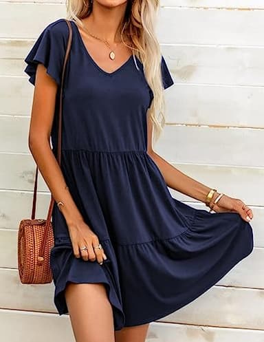 HOTOUCH Casual Navy Blue Dress for Womens Tiered Dresses for Summer Cute Pleated Dress with Side Pockets Ruffle Hem V Neck Loose Swing Dress Navy Blue Medium - Image 2