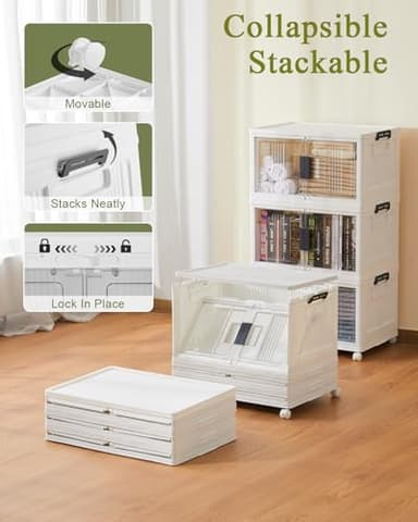 OlarHike 144QT Lockable Storage Bins with Lids - Folding Storage box with Doors and Wheels, Collapsible Plastic Storage Bins for Closets, Stackable Storage Organizer, Storage Containers, 3 Pack Cubes - Image 2