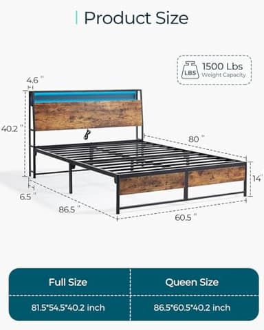 LINSY Queen Bed Frame with Ergonomic Headboard, Fast Assembly Metal Industrial Bed Frame with Lights & Charging, 14 inch Bed Queen Size with Storage, No Box Spring Needed, Rustic Brown - Image 2