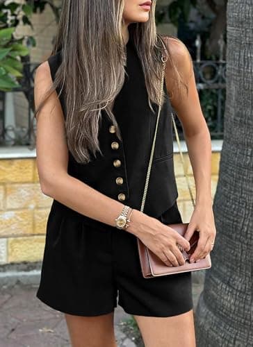 PRETTYGARDEN Women's 2 Piece Summer Matching Sets Button Front V Neck Vest Waistcoat Sleeveless Tops and Shorts with Pockets (Black,Medium) - Image 7