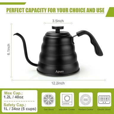 Tea Kettle with Thermometer Pot Black Stovetop Tea Kettle 40oz Gooseneck Kettle Teapot Pour Over Coffee Kettle with Thermometer,1200ml,6 Cup,Black,1Pack - Image 3