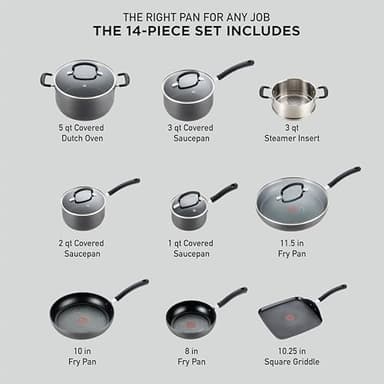 T-fal Ultimate Hard Anodized Nonstick Cookware Set 14 Piece, Oven Broiler Safe 400F, Lid Safe 350F, Kitchen Cooking Set w/Fry Pans, Saucepans, Griddle, Dutch Oven, Pots & Pans, Dishwasher Safe, Black - Image 2
