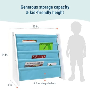 Wildkin Wooden Sling Bookshelf for Kids – Premium Canvas Design with 4 Fabric Shelves, Organizer for Home or Classroom - White w/Aqua - Image 3