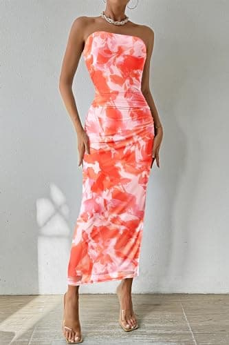 PRETTYGARDEN Women's Summer Maxi Bodycon Dresses Strapless Tube Top Printed Long Party Club Slit Dress (Print Light Orange,Medium) - Image 3