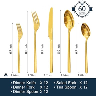 KINGSTONE Gold Silverware Set, 60 Piece Flatware Cutlery Set for 12, 18/10 Stainless Steel Silverware Mirror Polished Dishwasher Safe for Home, Restaurant, Wedding, Party(Gold, 60 pieces for 12) - Image 3