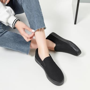 Women's Canvas Slip On Shoes Fashion Sneakers Flats Shoes White Canvas Shoes(Full Black.US8) - Image 6