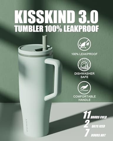 KISSKIND 40 oz Tumbler with Handle and Straw | Lumi Spin Hidden Straw 100% Leakproof Insulated Tumbler | Stainless Steel Water Bottle for Mom, Nurse, Teacher | Green - Image 3