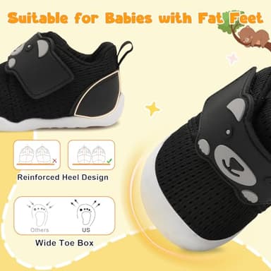 FEETCITY Infant Shoes Boys Girls Wide Baby Walking Shoes Newborn Crib Shoe Baby Slip On Shoe Breathable Toddler Sneakers Bear 6-12 Months Black - Image 2