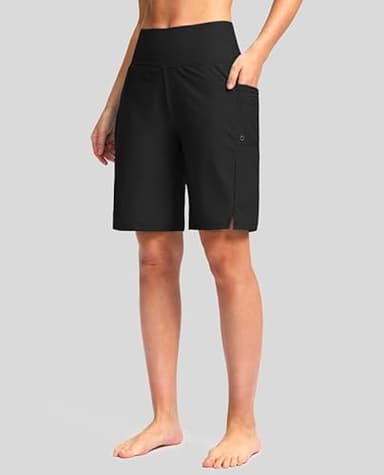 G Gradual Women's 9" Long Swim Board Shorts with Pockets High Waisted Knee Length Beach Swimming Shorts for Women with Liner(Black,XL) - Image 2