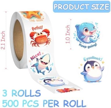 3 Rolls Animal Stickers for Kids, 1500 PCS Kids Stickers Bulk for Toddlers 2-4, 24 Designs Farm/Ocean/Wild Cute Sticker with Motivational Words for Kid Reward, School Supplies (1.0 Inch - Image 5