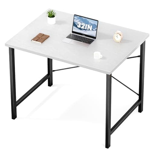 Sweetcrispy Computer Small Desk, 32 Inch Office Writing Work Study Kids Student Home Bedroom Table with Metal Frame Wooden Tabletop No Wheels - White Wood - Image 1