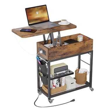 Colima Lift Top End Table with Charging Station and Wheels, Sofa Side Table with USB Port & AC Outlets, Movable Bedside Nightstand with Side Bag for Office Living Room Bedroom(Rustic Wood) - Image 1