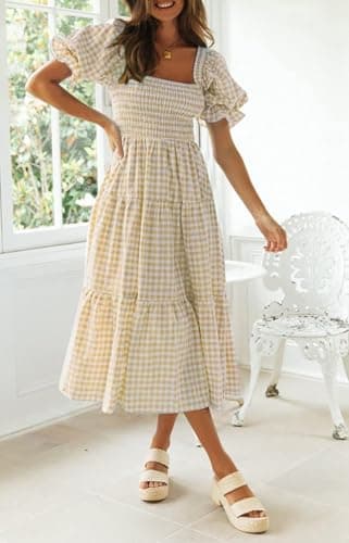 ZESICA Women's 2025 Bohemian Summer Plaid Square Neck Puff Sleeve Ruffle Flowy Beach Midi Dress,Beige,Large - Image 7