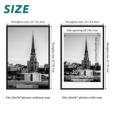 Hoikwo 20x30 Black Plastic Frame with Plastic Cover, Display Pictures 18x24 with Mat or 20x30 Without Mat, 1 Pack 20 by 30 Frame for Wall Hanging - Image 2
