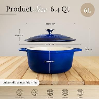 Nuovva Enamelled Cast Iron Dutch Oven Pot with Lid – 6.4 Quart Non Stick Casserole Pot – Heavy Duty & Oven Safe up to 500° F for Bread Baking, Braising, Stews, Roasting – 28cm Dark Blue - Image 3