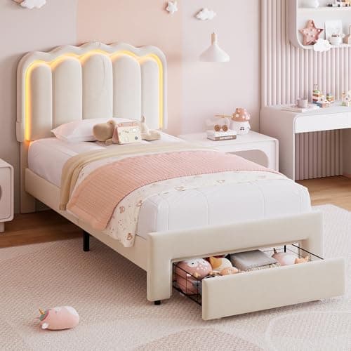 Twin Upholstered LED Bed Frame with Storage Drawer and Adjustable Chic Double Wavy Headboard, Velvet Princess Platform Bed for Kids/Girls, Solid Wood Slats Support, No Box Spring Needed, Beige - Image 1