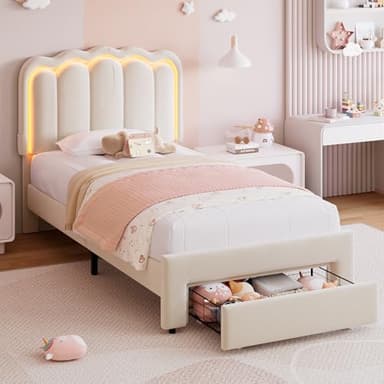 Twin Upholstered LED Bed Frame with Storage Drawer and Adjustable Chic Double Wavy Headboard, Velvet Princess Platform Bed for Kids/Girls, Solid Wood Slats Support, No Box Spring Needed, Beige - Image 1