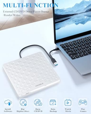 ORIGBELIE External CD/DVD Drive for Laptop, Ultra Slim 13mm USB 3.0 Type-C Portable DVD Player CD Burner Reader Writer Recorder for Desktop PC Windows 11/10/8/7 Linux Mac OS, White - Image 6