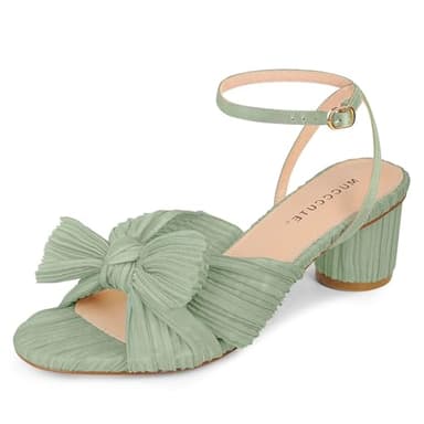 MUCCCUTE Women's Bow Heels Chunky Block Open Toe Heeled Sandals Ankle Strap 2in Buckle Heels for Bridal Wedding (Light Green, Size 10) - Image 1