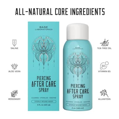 BASE LABORATORIES Piercing Aftercare Spray 4oz | Saline Spray for Piercings | Ear Piercing Cleaner Spray | Saline Solution for Piercings | Piercing & Keloid Bump Removal for Ears, Belly Nose Piercings - Image 2