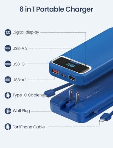 12000mAh Lightweight-Portable-Charger-Power-Bank with Built-in Cables and AC Wall Plug, PD20W USB-C Fast Charging Battery Pack, LED Display External Travel Phone Charger for All iPhone,Samsung,Android - Image 2