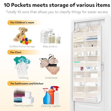 Over the Door Organizer 5 Tiers,Extra Large Behind Door Storage of 10 Compartments,80 lbs Weight Capacity Over the Door Storage, Door Hanging Organizer for Closet, Diaper Organizer, Beige - Image 4