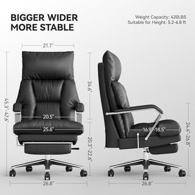 OKUP Reclining Office Chair with Footrest - 25.6" Wide Seat & Adjustable Seat Depth, Big and Tall High Back Leather Executive Home Office Desk Chair 400lbs, Black - Image 2