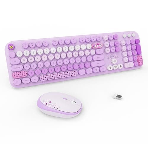 FOPETT Wireless Keyboard and Mouse Combo - 2.4G Full-Sized Cute Colorful Retro Keyboard with Round Keycaps 104 Keys Typewriter Keyboard for Laptop/Windows/PC-Purple Colorful - Image 1