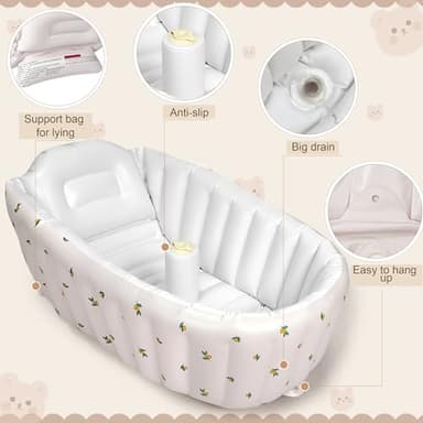 Mink Inflatable Baby Bathtub with Built-in Air Pump, Newborn to Toddler Bath Tub,Portable Travel Shower Basin with Back Support, Deflates and Folds Easily (Olive Bath) - Image 4