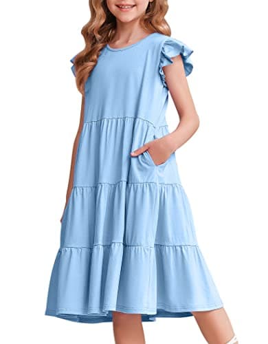 Arshiner Girls Summer Dress Ruffle Sleeve Flared Flowy Pleated Midi Cotton Casual Sundress with Pockets Light Blue 8-9 Years - Image 1