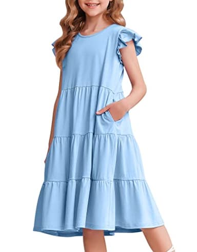 Arshiner Girls Summer Dress Ruffle Sleeve Flared Flowy Pleated Midi Cotton Casual Sundress with Pockets Light Blue 8-9 Years - Image 1