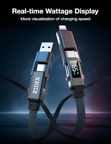 XKCZ 4 in 1 USB C Cable with Wattage Display, 65W Flat Nylon Braided Multi Charge Cable with Data Sync, USB C Charging Cord Combo Type C/USB A/L Port for iPhone/iPad/Samsung/Laptop, 5FT - Image 3
