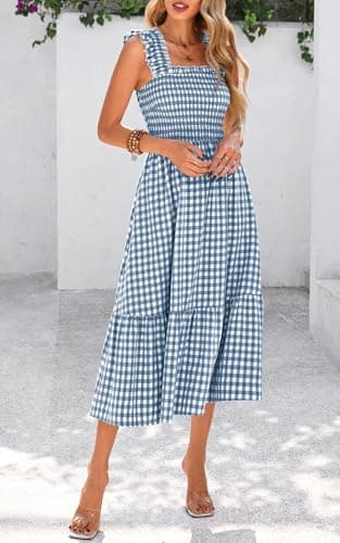 PRETTYGARDEN Women's Summer Dress Casual Square Neck Ruffle Strap Gingham Smocked Midi Flowy A Line Beach Vacation Sun Dresses 2025 (Dark Blue, XXL) - Image 8