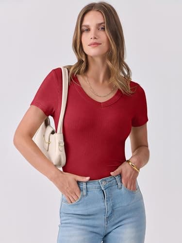 ANRABESS Women Short Sleeve V Neck Ribbed Knit Fitted Shirts Basic Tees Tops 2025 Summer Casual T-Shirts Going Out Outfits Red Large - Image 3