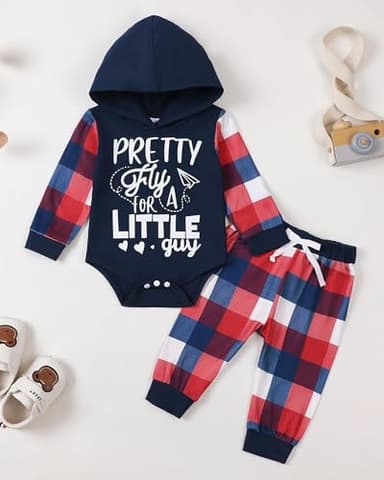 NZRVAWS 0-3 Months Newborn Baby Boy Clothes Infant Long Sleeve Letter Print Deep Blue Plaid Hoodie Sweatshirt+Pants 2PC Outfit Set - Image 3