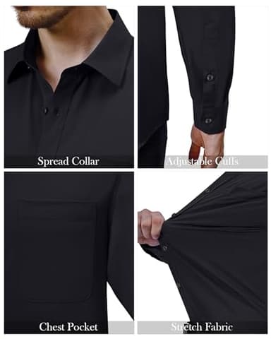 Alimens & Gentle Mens Dress Shirts 4-Way Stretch Long Sleeve Collared Casual Solid Wedding Dating Button Down Shirt Black - Image 4