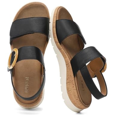 UBFEN Womens Flat Sandals Arch Support Open Toe Walking Comfy Casual Low Wedge Summer Shoes Black Size US 10.5 - Image 2