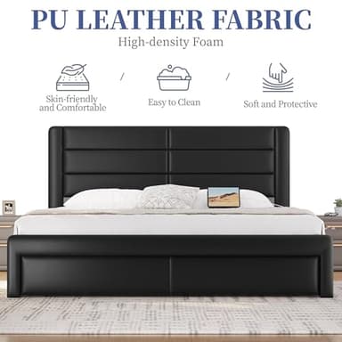 Yaheetech King Size Bed Frame with 2 USB Charging Station/Port for Type A&Type C/4 Storage Drawers, Leather Upholstered Platform Bed with Headboard/Solid Wood Slat Support/No Box Spring Needed/Black - Image 4