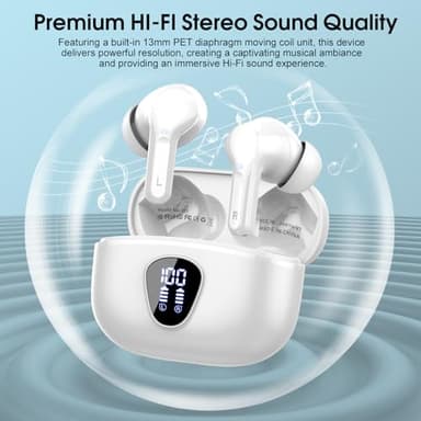 Wireless Earbuds, Bluetooth 5.4 Headphones HiFi Stereo, Bluetooth Earbuds with ENC Noise Cancelling Mic, IP7 Waterproof in Ear Earphones, 48H, LED Display Ear buds for Pad Workout Sports, Deep White - Image 6