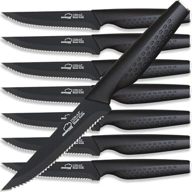 Amorston Steak Knives, Steak Knives Set of 8, Stainless Steel Steak Knife Set, Serrated Knives Dishwasher Safe, Elegant Black - Image 1