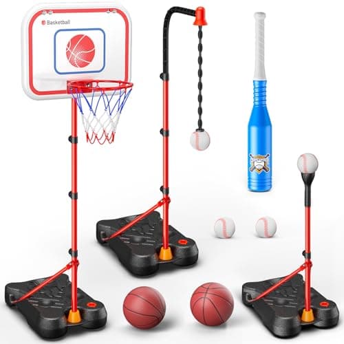 HopeRock 2 in 1 Kids Basketball Hoop and T Ball Set, Adjustable Basket Ball Stand,Hanging Tee Baseball for Toddlers Boys Girls Ages 2 3 4 5 6 7 8 Years Old, Outdoor Toys Gifts - Image 1