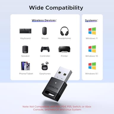 UGREEN USB Bluetooth Adapter for PC Bluetooth 5.4 Dongle Receiver EDR & BLE, Plug & Play Supports Windows 11/10/8.1, for Desktop, Laptop, Headphone,Keyboard,Mouse, Speakers,Printer - Image 4