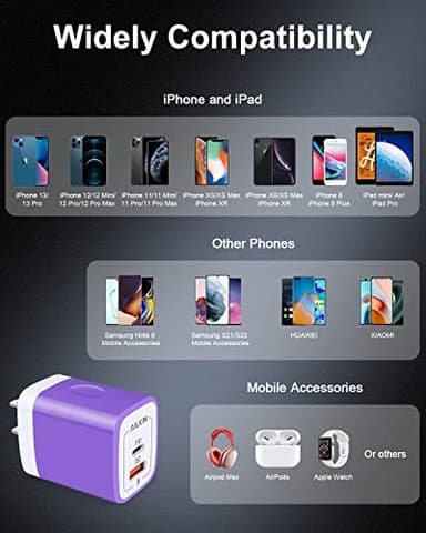 USB C Wall Charger, AILKIN 3Pcs 20W PD + QC3.0 USBC Charger Block Super Fast Power Output Rapid Charging Box Wall Plug Cube for Apple iPhone, Samsung Galaxy, Motorola, LG, Google Pixel - Purple - Image 7