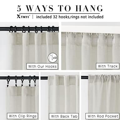 108 Inch Linen Curtains 2 Panels,With Heading Tape Hooks for Track System Back Tab,Stone Washed Cotton Flax Weave Sheer Extra Long Curtain for Living Room Bedroom,9FT 9 FT,Cream(Ivory/Off White) - Image 7