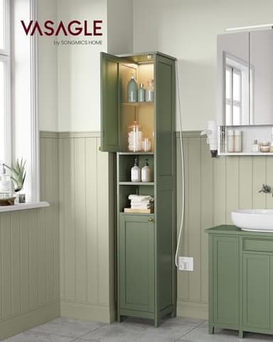 VASAGLE Tall Bathroom Cabinet with Lights, Slim Freestanding Bathroom Storage Cabinet with Adjustable Shelves, for Small Spaces, Modern, 11.8 Inches Wide, Forest Green UBBC566C01 - Image 2
