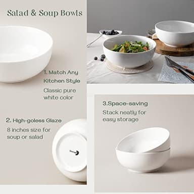 DOWAN Salad Bowls, Large Pho Bowls, 8" White Centerpiece Bowls for Nut, Pasta, Soup, Side Dishes, Ramen, Fruit, Kitchen Decor, Microwave & Dishwasher Safe, 56 Ounce - Image 4